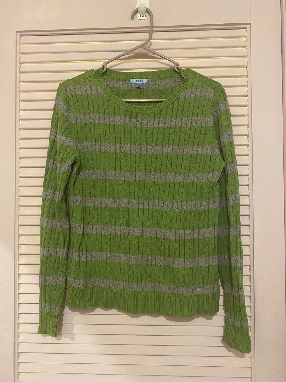 Izod Green and Gray Striped Cable-Knit Crew Sweater